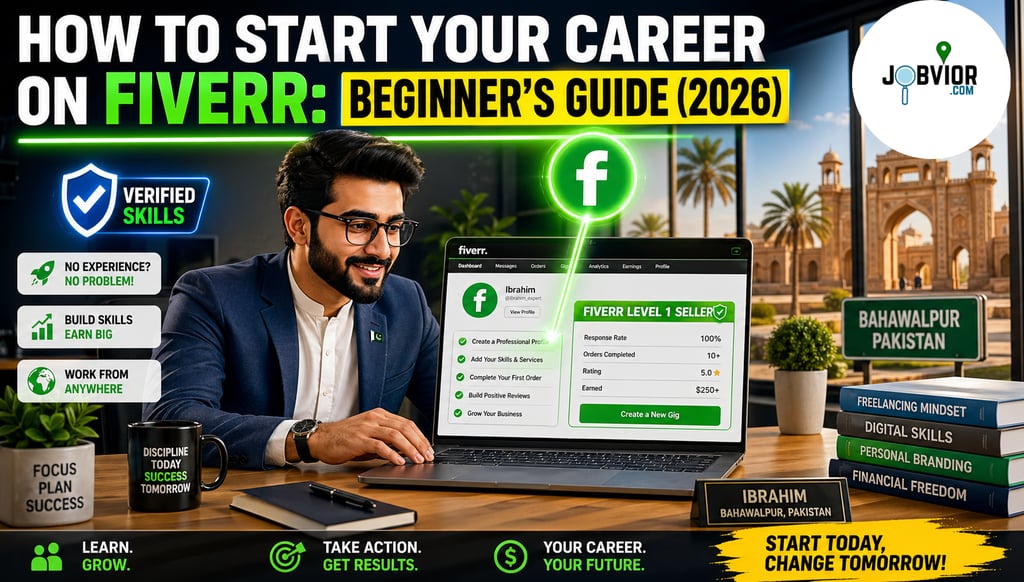 Man working on Fiverr dashboard with career growth theme and Jobvior branding.