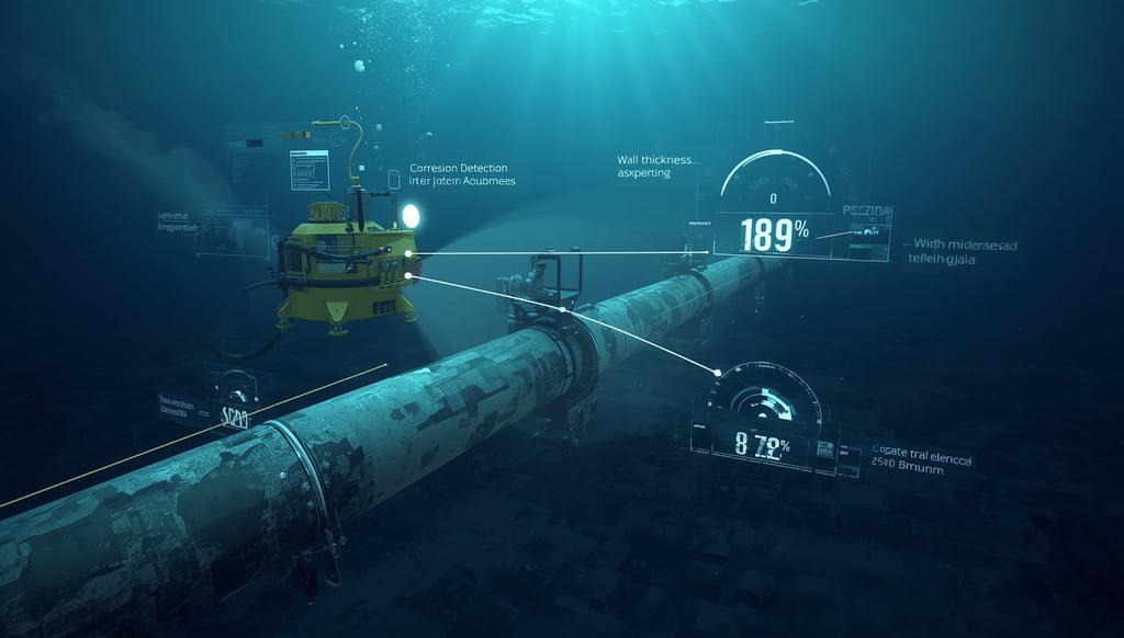 offshore pipeline inspection with digital data overlays showing corrosion and structural analysis