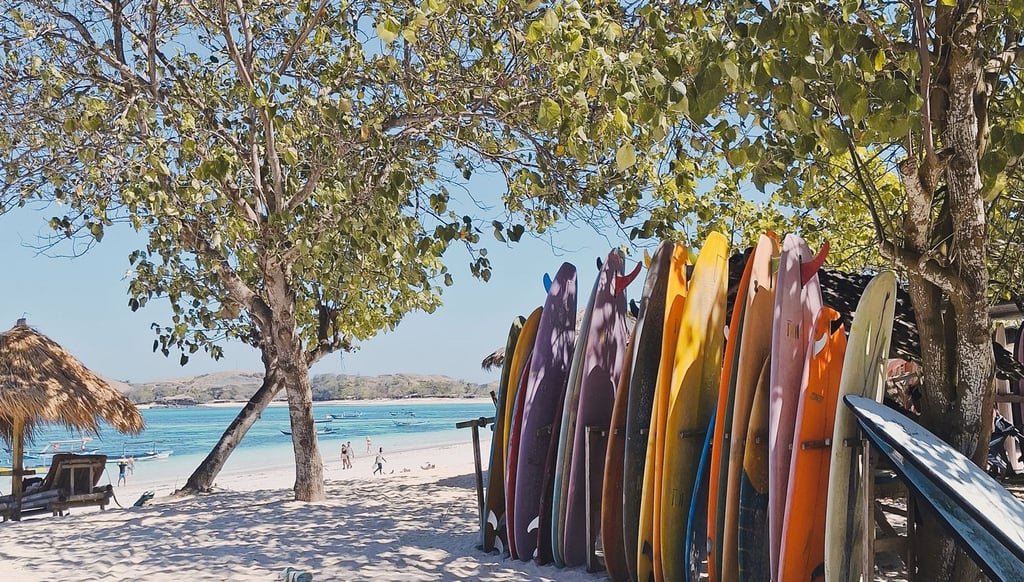 Colorful surfboards lined up on the sandy shores of Tanjung Aan Beach, Lombok, vibrant atmosphere at Paradise Surf School