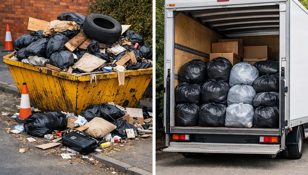 an overflowing untdy skip next to a neat house clearance van with bagged waste