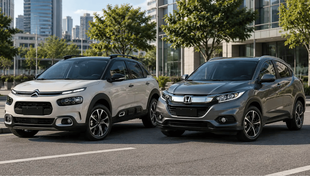 Citroën C4 Cactus e Honda HR-V lado a lado em ambiente urbano moderno.