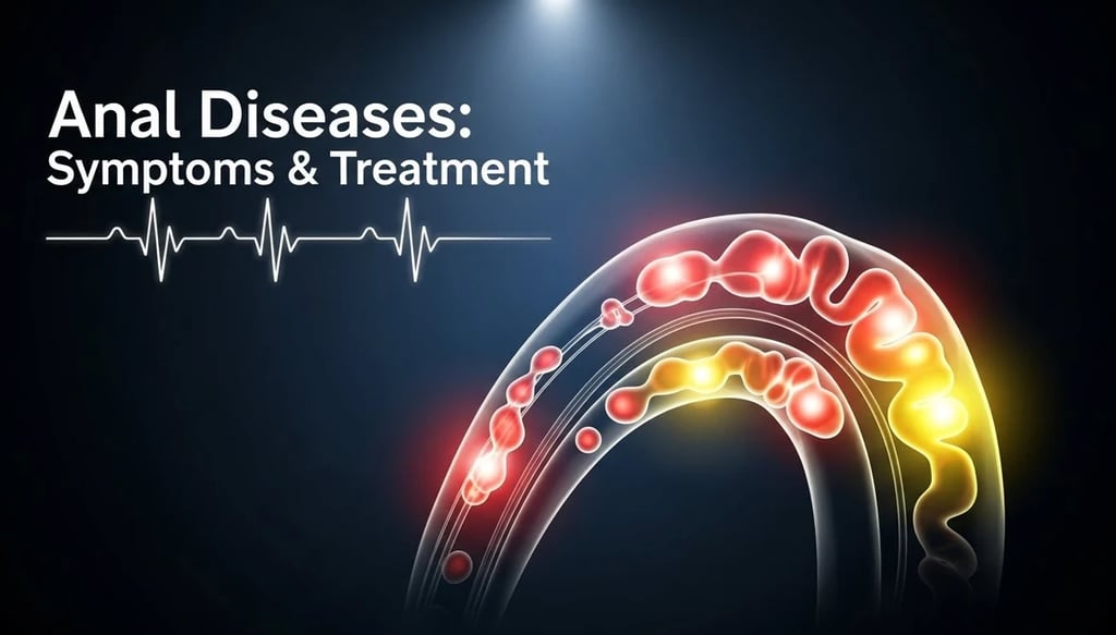 Medical illustration showing Anal Disease, hemorrhoids, fissure and fistula on clinical background.