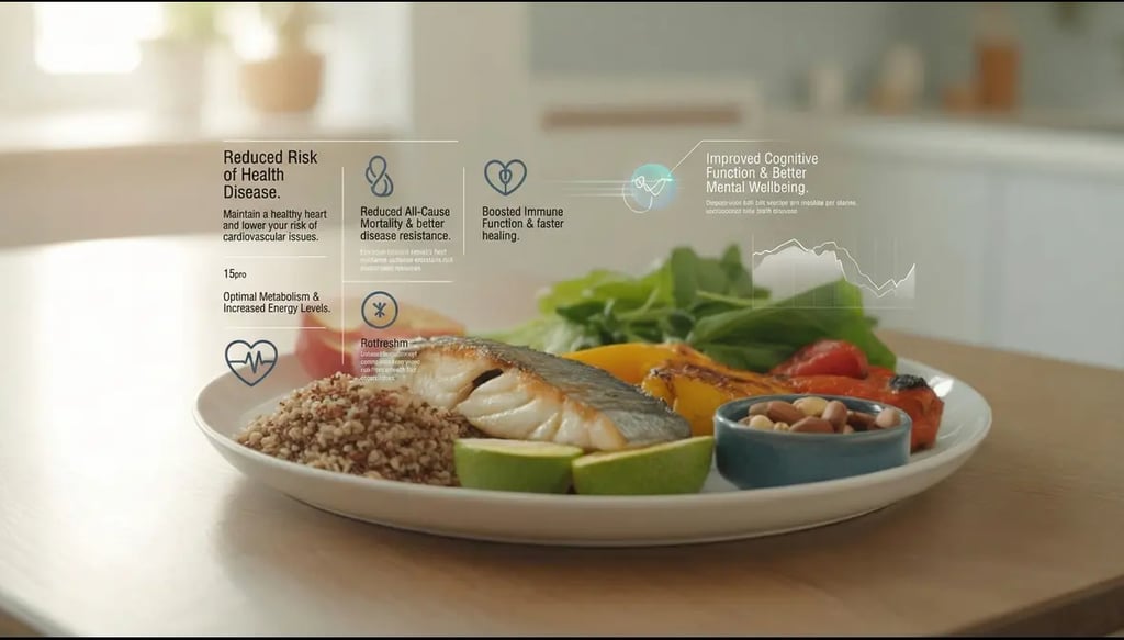 A beautifully arranged Mediterranean-style plate featuring grilled fish, colorful roasted vegetables