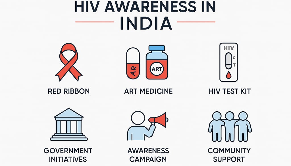 HIV-awareness-in-India-Icons-of-red-ribbon-ART-medicine-HIV-test-kit-government-initiatives-awarenes