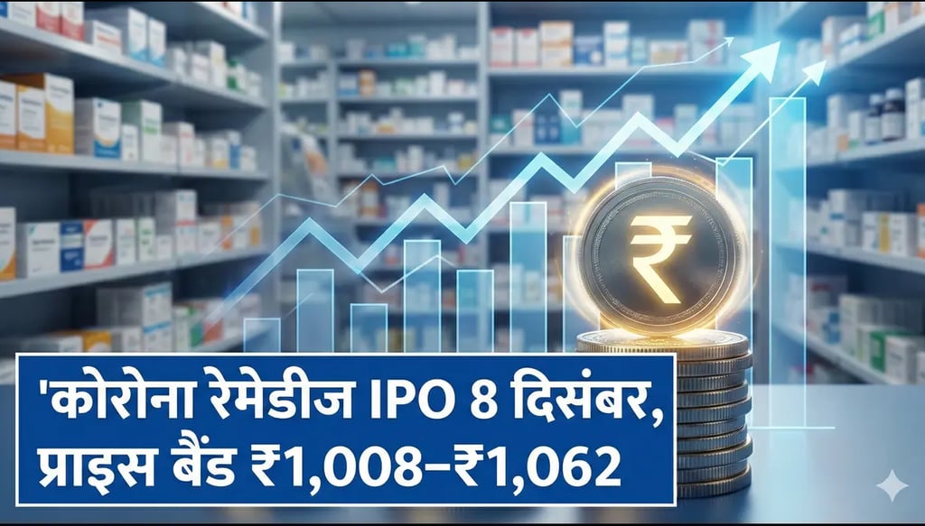 Stock market chart with pharma background showing Corona Remedies IPO price band announcement.