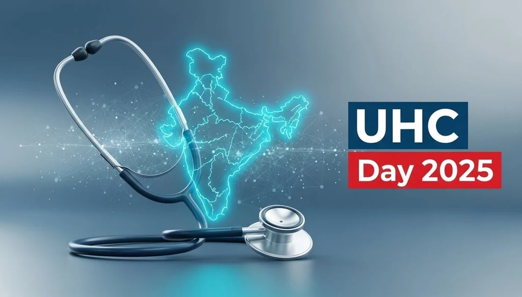 UHC Day 2025 thumbnail showing India health map, stethoscope and blue medical gradient background.