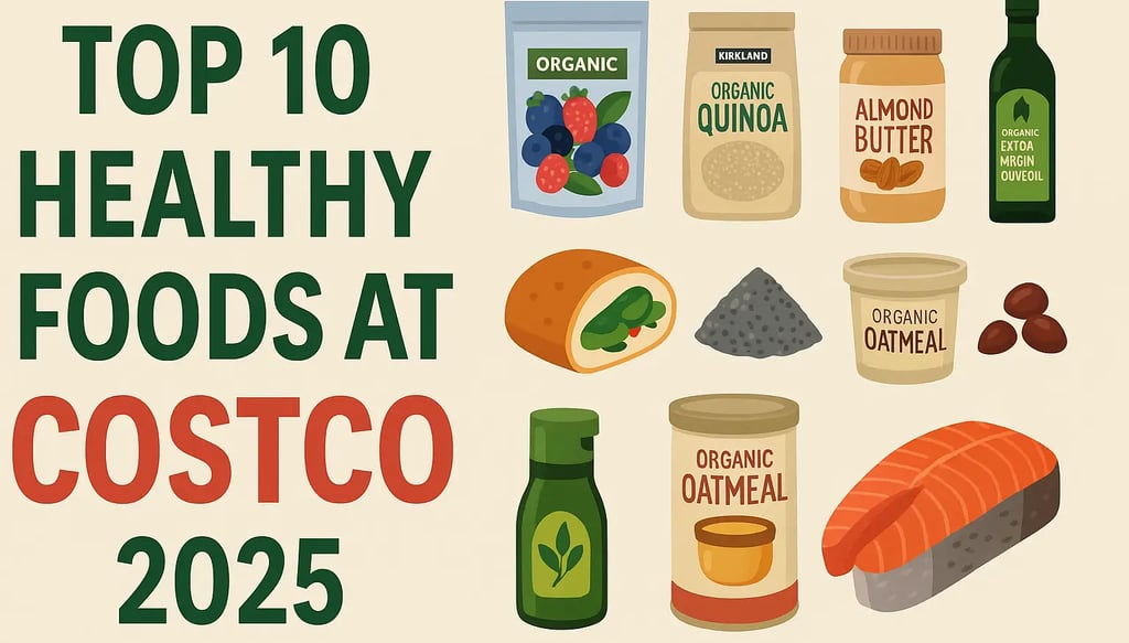 Illustration of the best healthy foods to buy at Costco in 2025, including berries, quinoa, salmon, 