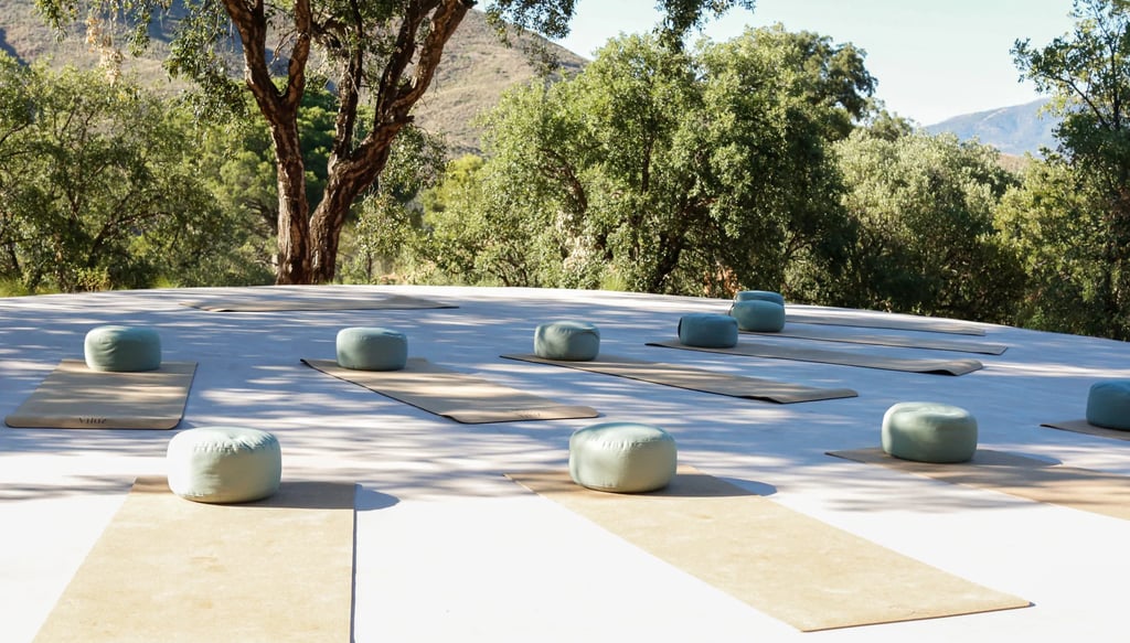 Outdoor yoga deck with mats and bolsters surrounded by nature