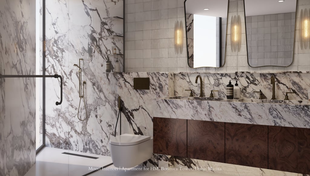 Stylish bathroom featuring a double sink with a marble countertop.