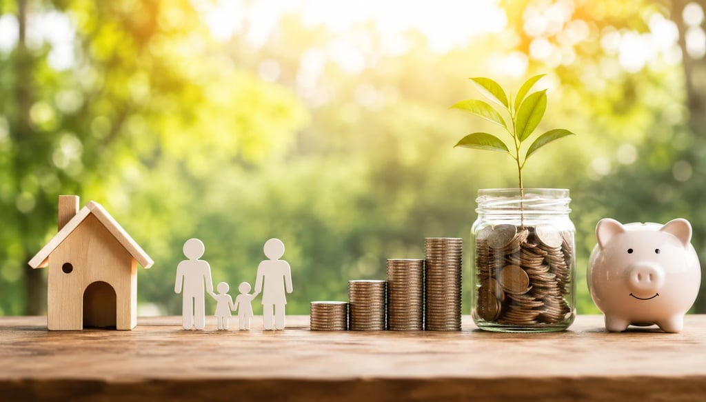 Family finance concept with house model, savings jar, coin stacks, and piggy bank.