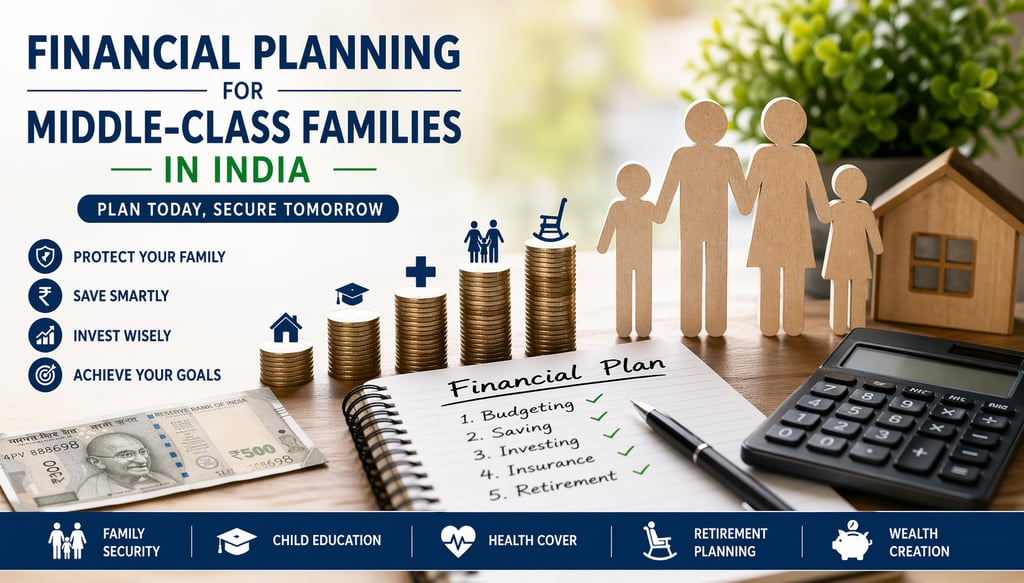 Family financial planning concept with savings, investment, insurance, and budgeting elements 