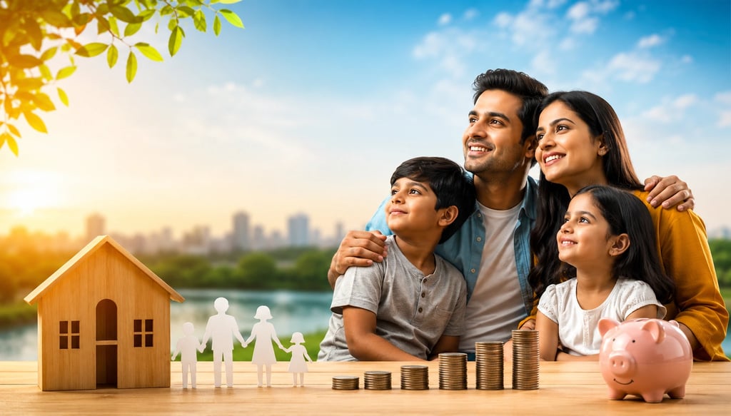 Happy Indian family with savings, home, and financial security concept representing LIC Jeevan Umang