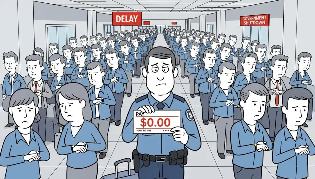 Editorial cartoon of an unpaid TSA agent holding a $0.00 check in a crowded, delayed airport during a government shutdown.