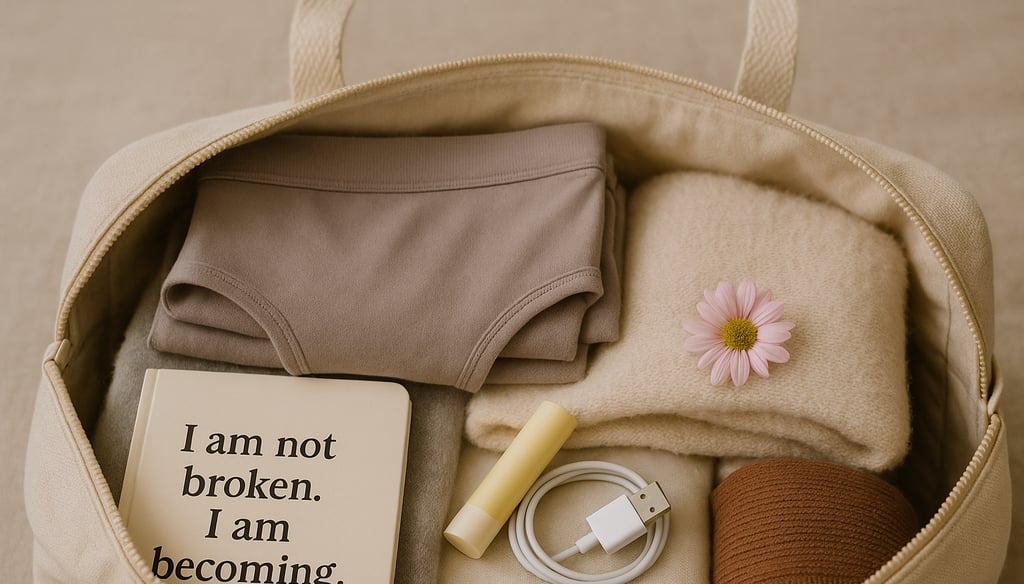 A neatly packed hospital bag with soft clothing, lip balm, a charger and a tiny flower