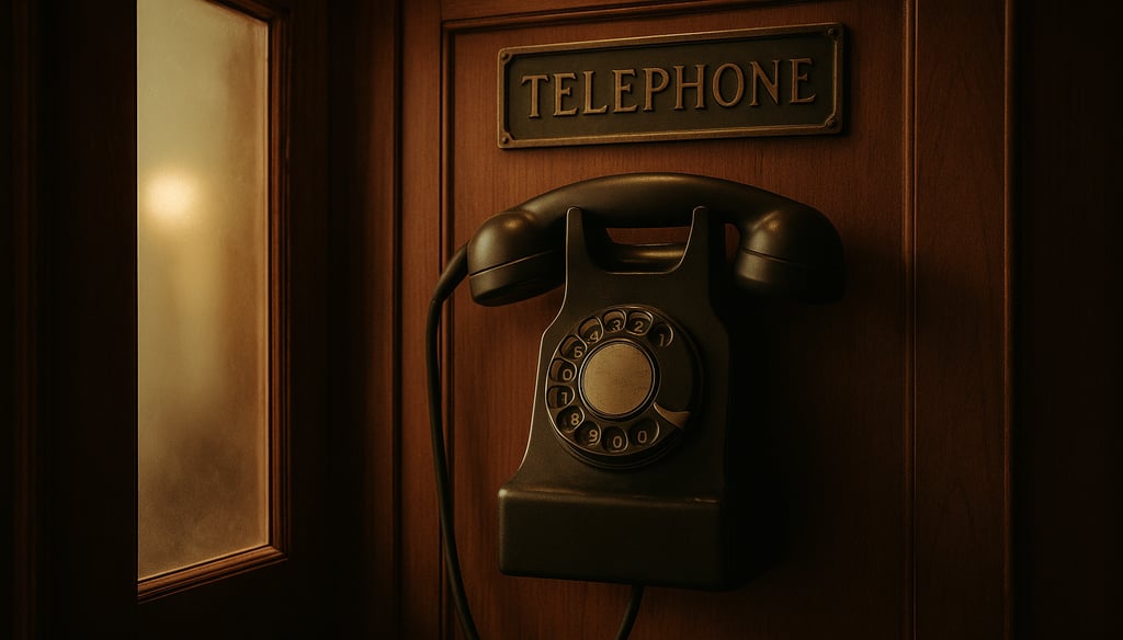 A vintage phone booth in soft lighting, with an old rotary phone and a hint of mystery around it.