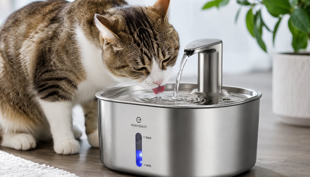 A tabby cat drinks from a stainless steel automatic pet water fountain with a faucet-style dispenser.