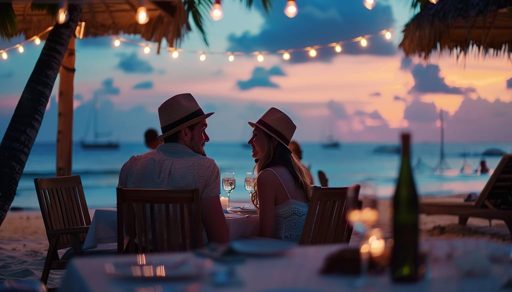 Romantic beachfront dinner in the Dominican Republic with wine, candlelight, and Caribbean sunset views