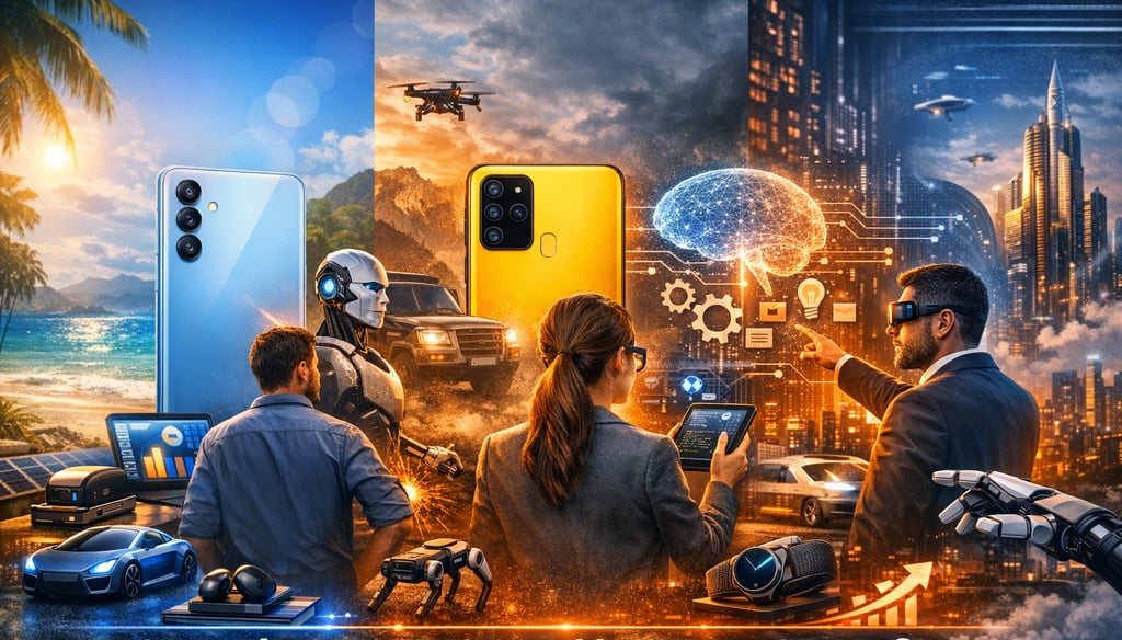 Smartphones das séries Samsung Galaxy A, M e S integrados em cenários futuristas de inteligência