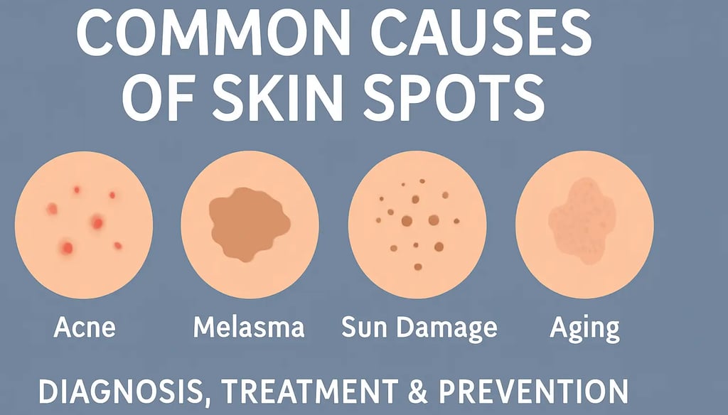 Illustration showing common causes of skin spots including acne, melasma, sun damage, and aging
