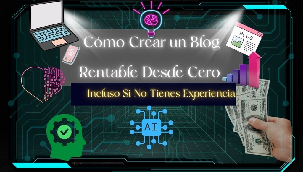 Diseño digital con fondo tecnológico que representa la creación de un blog rentable.