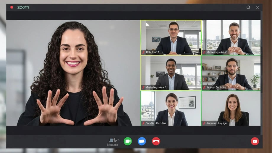 mulher de cabelos cacheados sorrindo na tela do computador junto com outras seis pessoas