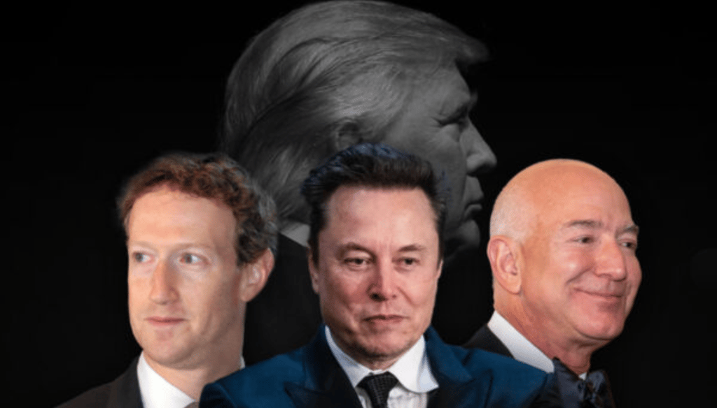 Mark Zuckerberg, Elon Musk, and Jeff Bezos in front of a profile of Donald Trump.