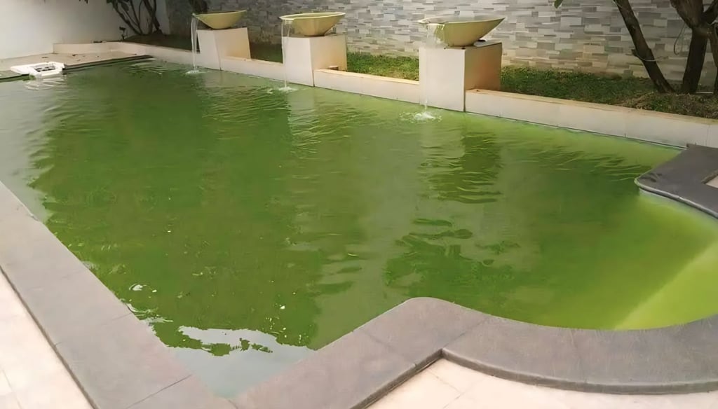 kolam renang dengan air hijau berlumut