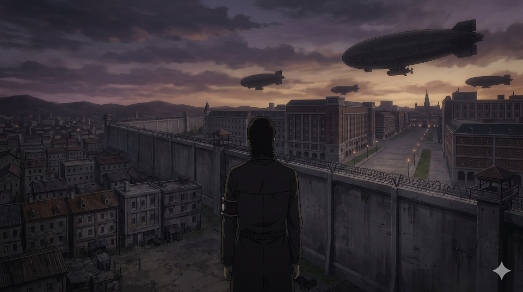 Eren Yeager overlooking the Liberio internment zone and airships at sunset in Attack on Titan.