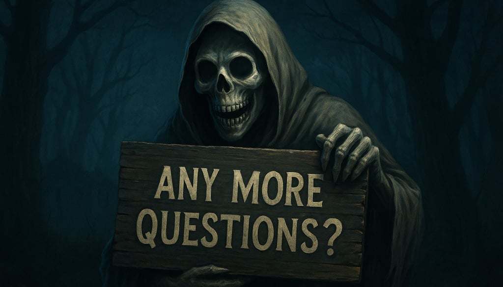 A spooky cloaked skeleton hold a signing asking 'any more questions?'