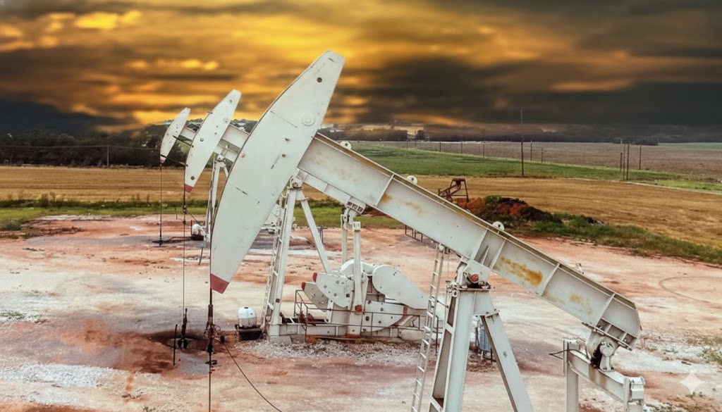 White oil pump jacks extracting crude oil in a field under a dramatic sunset sky.