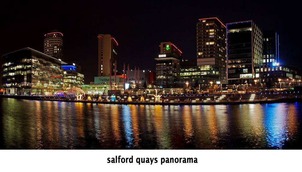 media city salford quays manchester after dark, with stunning light reflected in the water