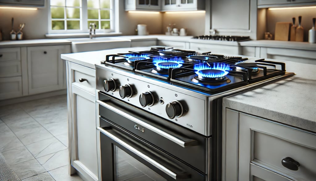 a stove top oven with a blue flame on it