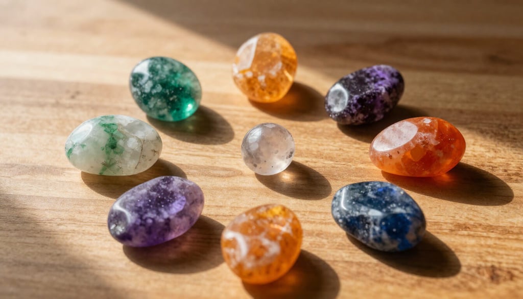 Seven chakra healing crystals arranged for meditation and energy balancing practice
