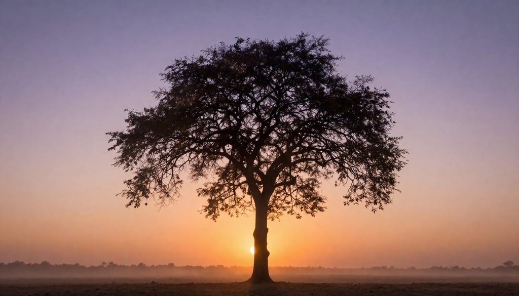 Serene moringa tree at sunrise symbolizing bridge between ancient wisdom modern science