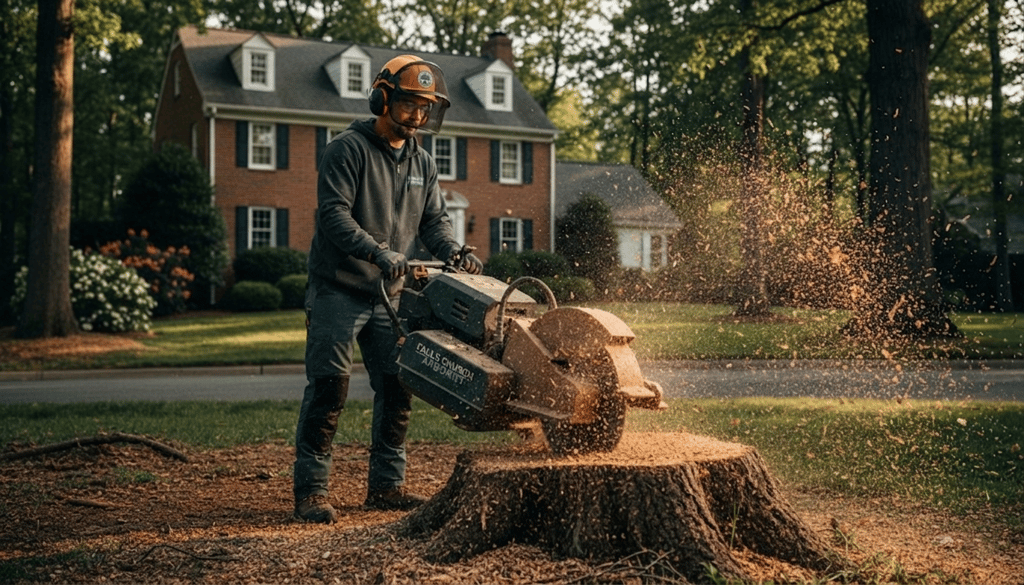Stump and root removal in Falls Church, VA with stump grinding, landscape safety, and NOVA tree stump pest prevention.
