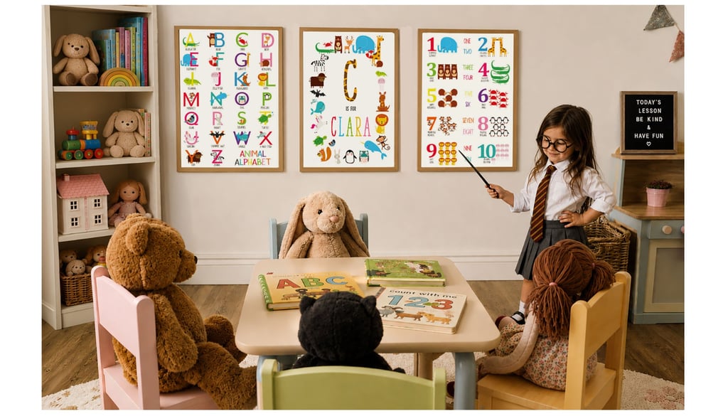 Young girl playing teacher in a cosy playroom with animal alphabet, personalised initial and number educational prints