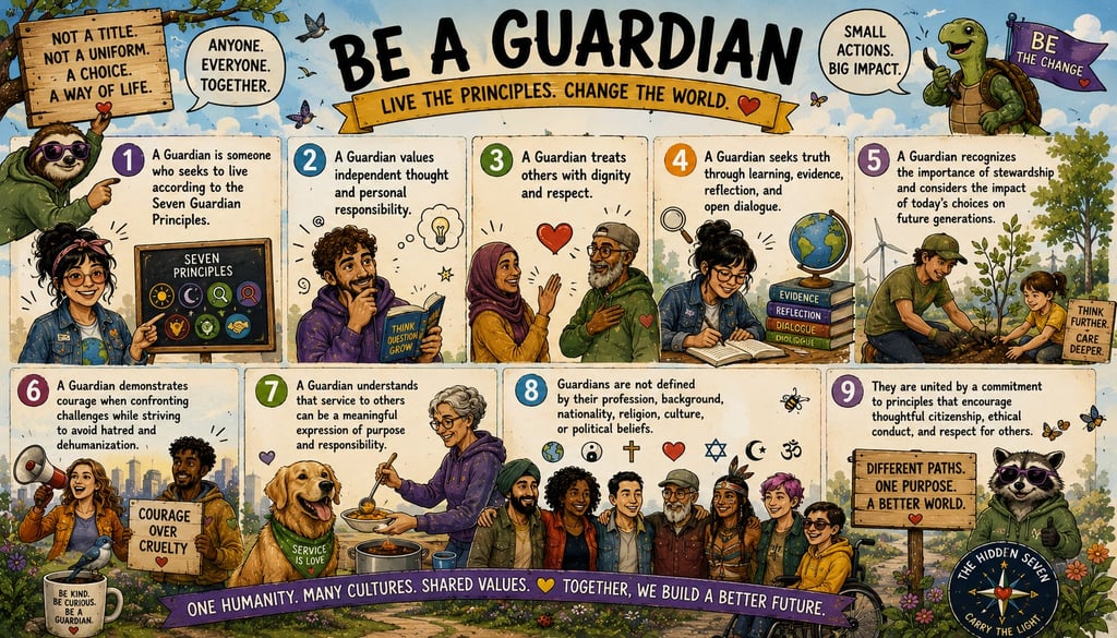 Illustrated educational poster titled Be A Guardian showcasing diverse people practicing seven ethical principles for a