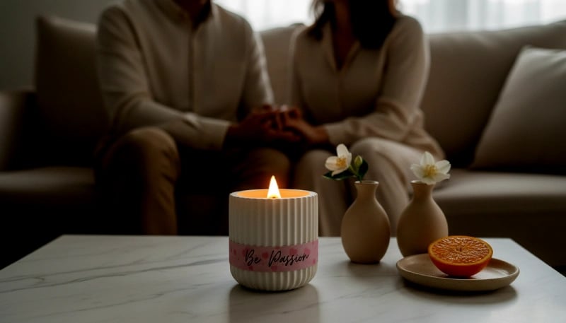 Vela Be Passion con aromas Vetiver, Jazmín y Naranja que refuerzan la pasión.