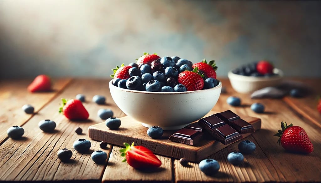 Schüssel mit Beeren und Schokolade auf einem Tisch
