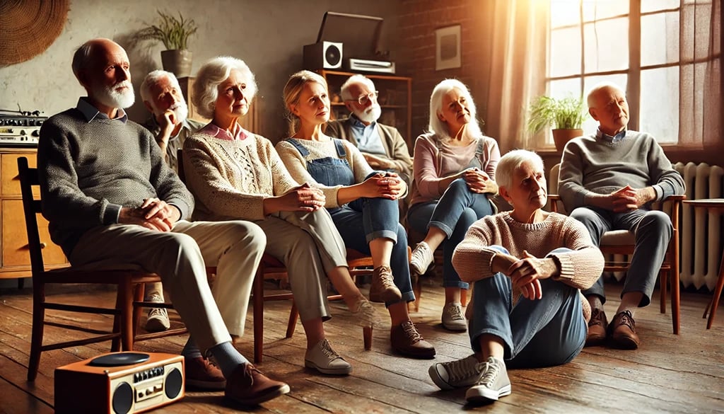 Gruppe älterer Menschen hört entspannt Musik