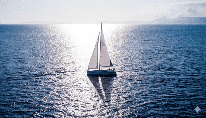 Ein schönes weißes Segelboot gleitet friedlich über den sonnenbeschienenen blauen Ozean