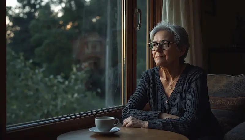 Angehörige einer Person mit Demenz in ruhigem Moment der Selbstreflexion über Schuldgefühle und Selbstfürsorge