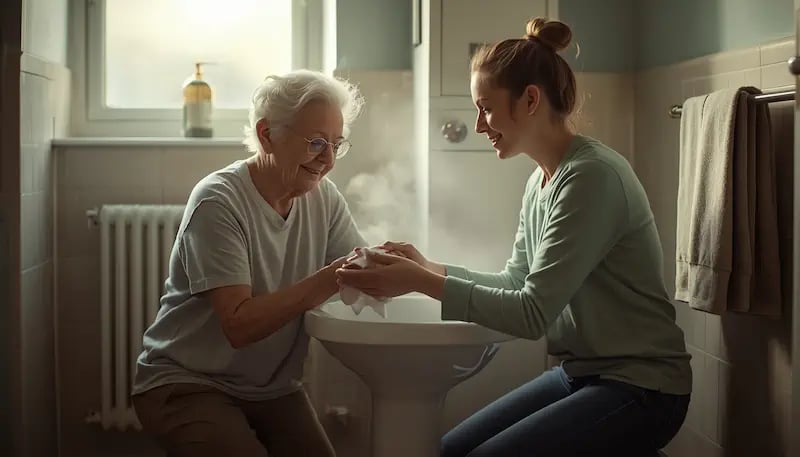 Eine Angehörige wäscht den Arm einer älteren Person mit einem warmen Waschlappen am Waschbecken und würdevolle Atmosphäre