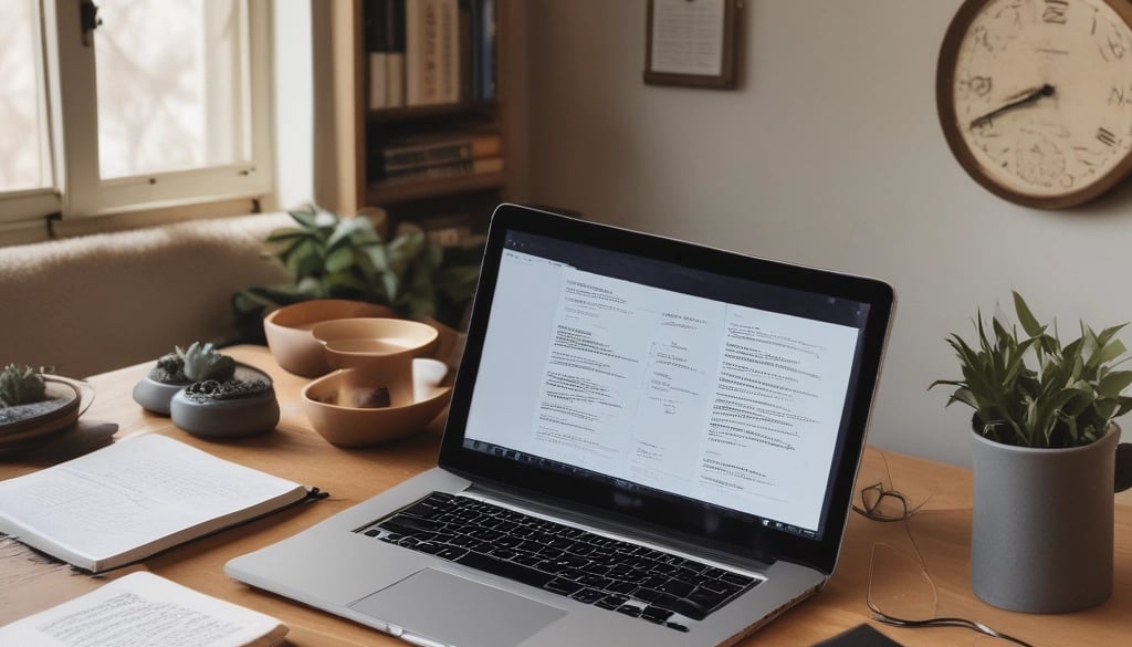 A cozy workspace with a laptop open to a blog post, surrounded by notes and a cup of coffee.