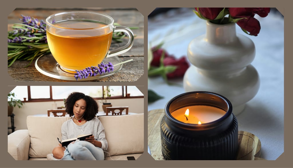 Photo collage: full tea cup and lavender flowers, lit candle beside vase, woman writing in journal