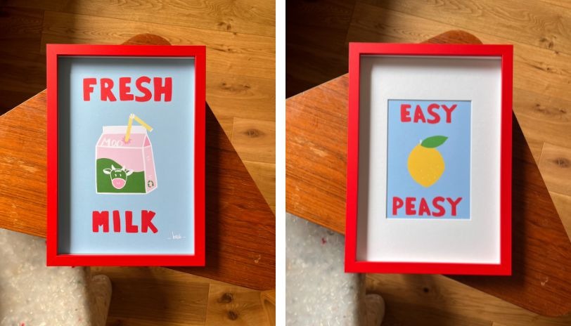 Cadre ikea rouge avec passe partout et affiches Beeb Fresh Milk et Easy Peasy