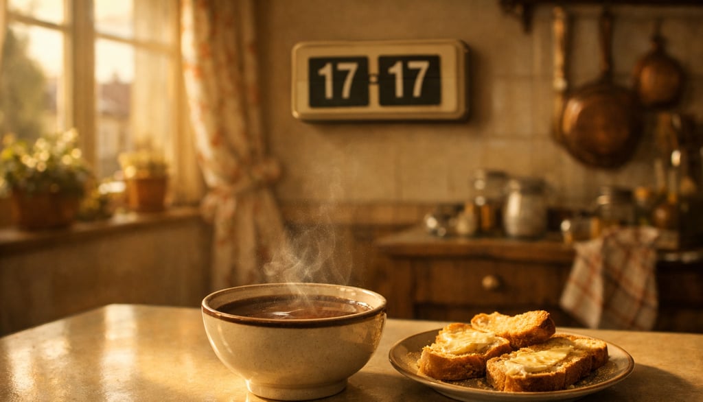 Horloge murale affichant 17h17 dans une cuisine française avec chocolat chaud et tartines