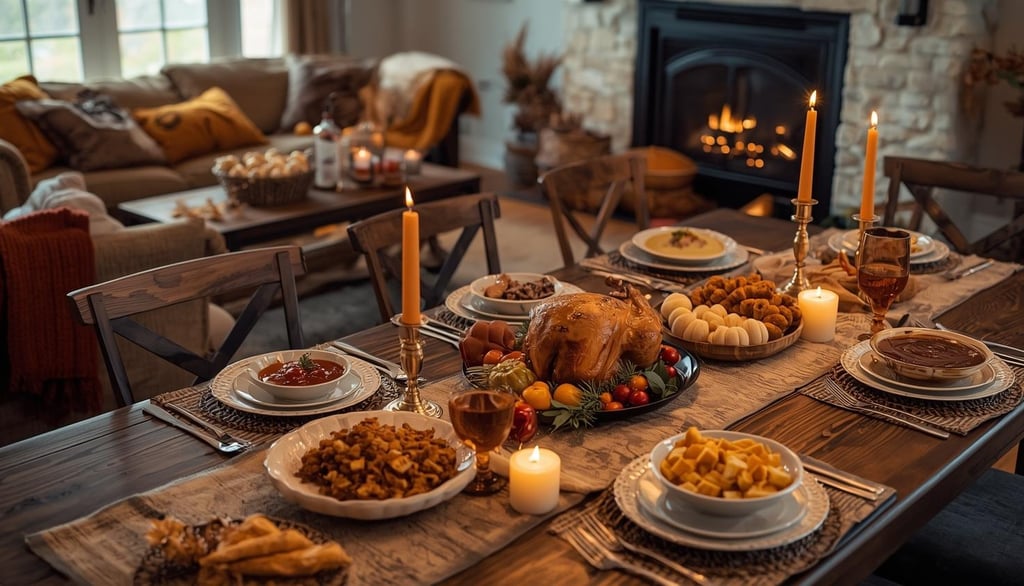 Beautiful Thanksgiving dining table filled with food, candles, and warm family celebration vibes
