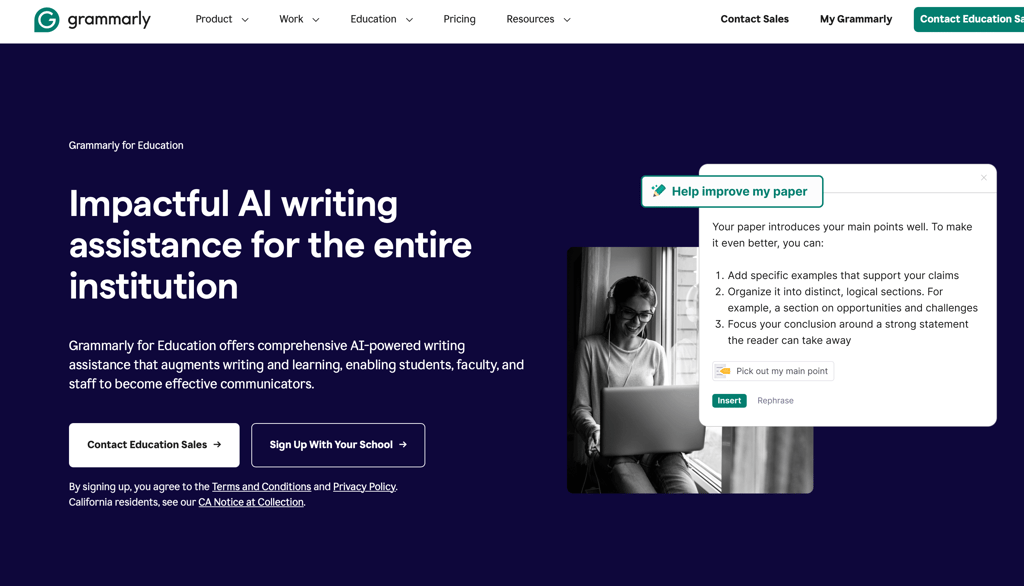 Screenshot of grammarly for education page