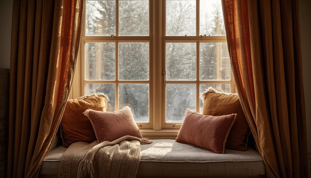 a window seat with pillows and heavy curtains